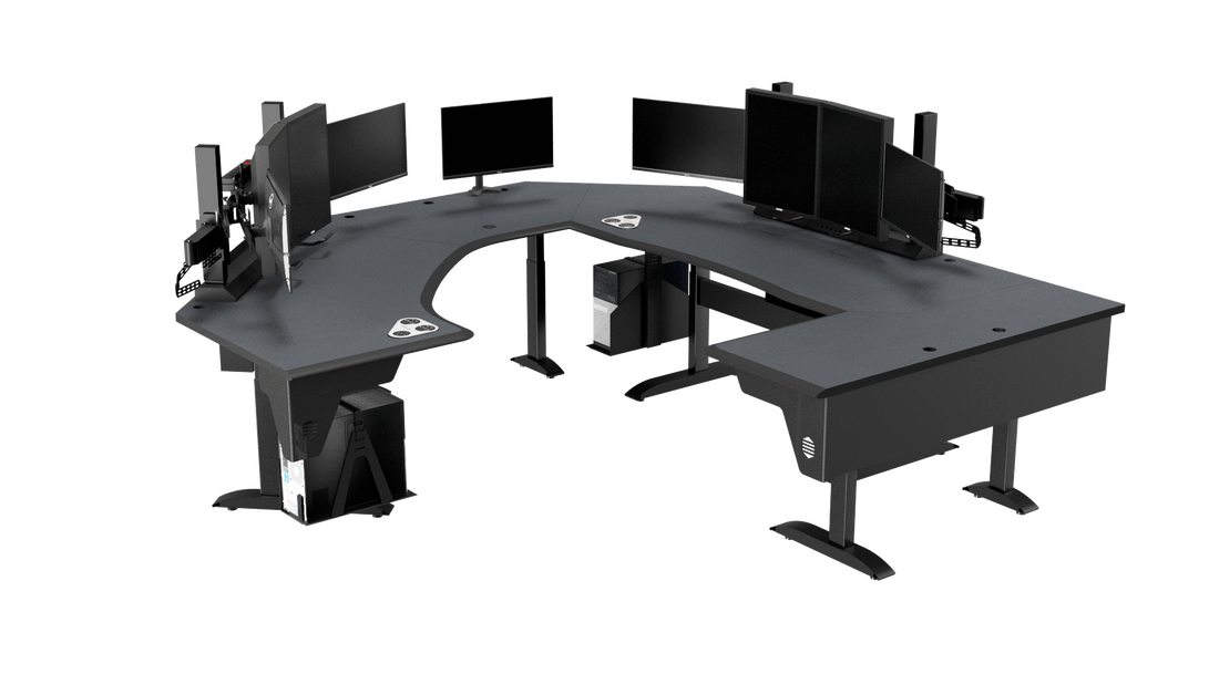  workstation desk with monitor mounting options for up to four monitors and a keyboard